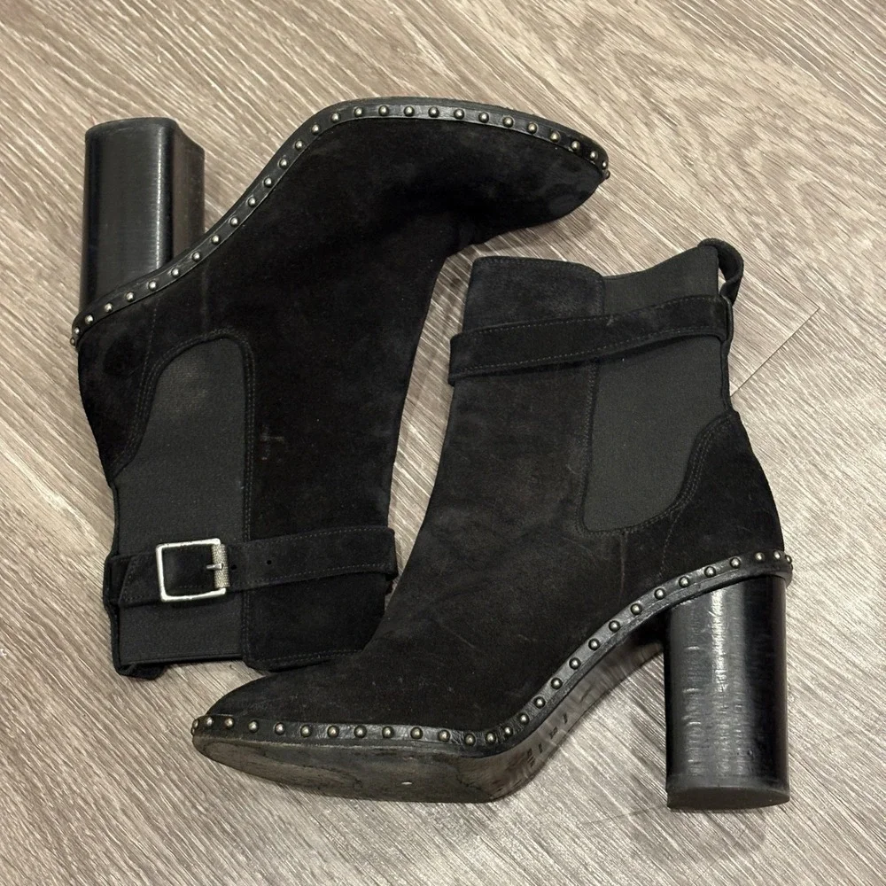 Rag & Bone Romi Black Suede Studded Belted Block Heel Ankle Boots 6.5 Moto Biker